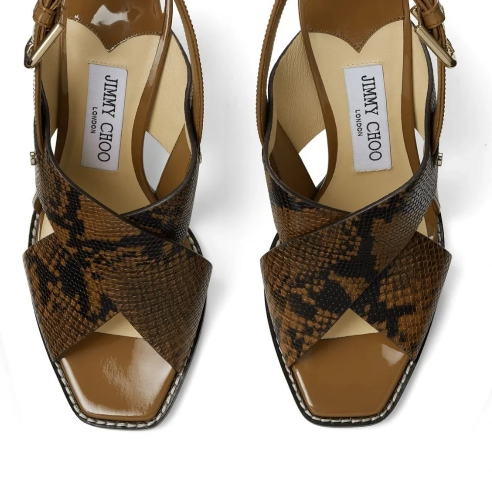 NWT Jimmy Choo Aix 85 Snake Printed Leather Sandals in Cuoio, Size 35.5 - Picture 4 of 9